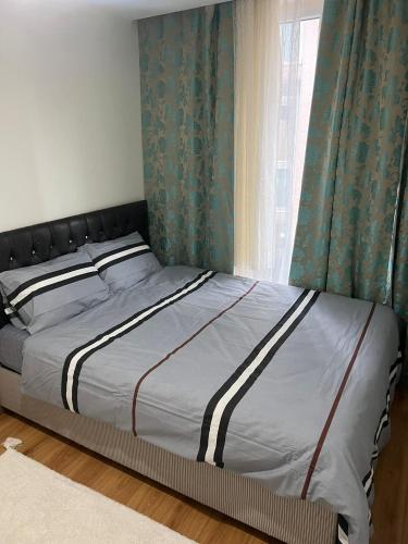 伊斯坦布尔Full furnished Stylish Flat in Istanbul的卧室内的一张大床,设有窗户