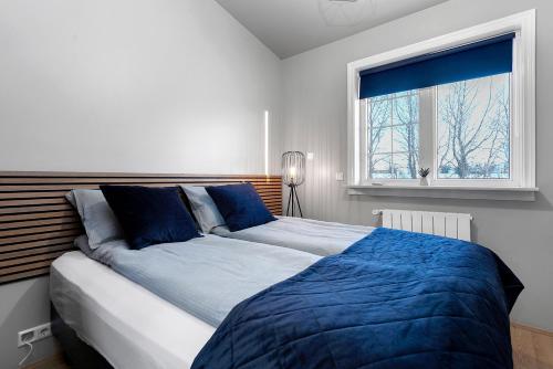 塞尔福斯Iceland Inn Lodge, entire place with hot tub.的一间卧室配有一张带蓝色床单的床和一扇窗户。
