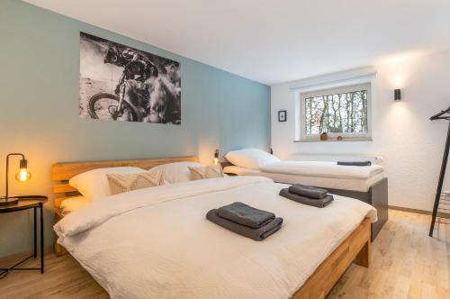 施马伦贝格FREERIDE - 7min to Greenhill, PS4, BBQ, Terrace, SSC的蓝色墙壁客房的两张床