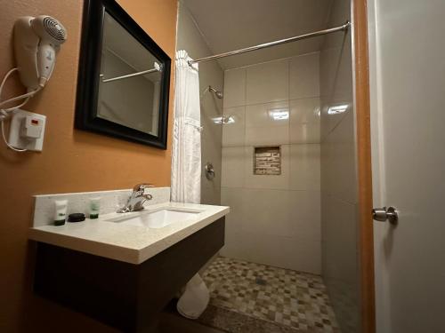 维克多维尔新科拉尔汽车旅馆的一间带水槽和淋浴的浴室