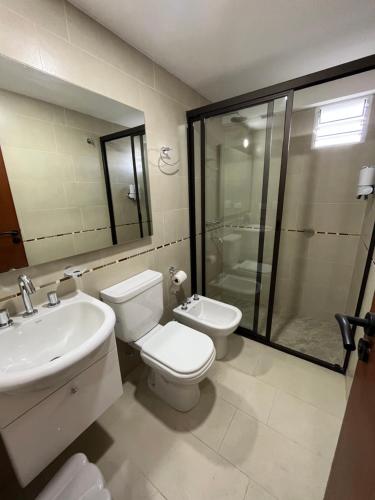 萨尔塔Estudio Premium en Salta的浴室配有卫生间、盥洗盆和淋浴。