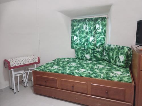 布希奥斯Cabana lofft 70 em Tucuns Búzios的一间卧室配有一张带绿色沙发的床