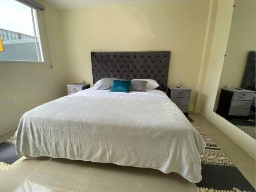 瓜亚基尔Hermosa suite privada y cerca de todo的卧室配有一张白色大床和蓝色枕头