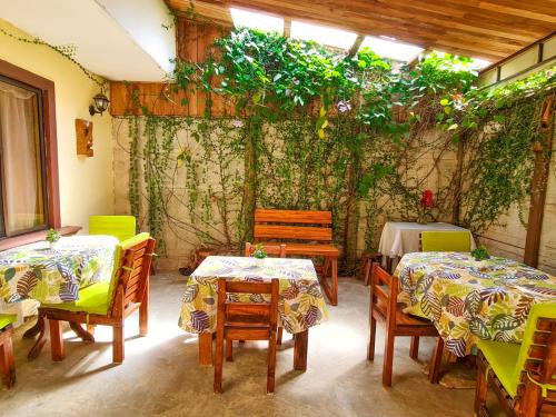 科克Cabinas Coco Alegre的一间设有两张桌子和椅子的房间,种植了植物