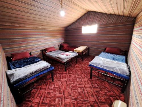 瓦迪拉姆Wadi rum galaxy camp的小房间设有两张床和地毯