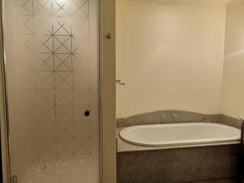 约翰内斯堡Apartment at Michelangelo Towers的带浴缸和淋浴的浴室(位于后门)
