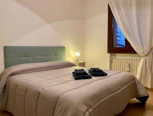 普雷甘齐奥尔Casa Ester的一间卧室配有一张大床和两条毛巾