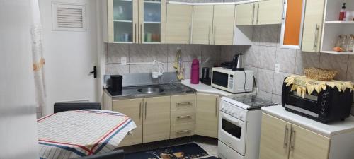 沙佩科Aconchego的一间带水槽和微波炉的小厨房