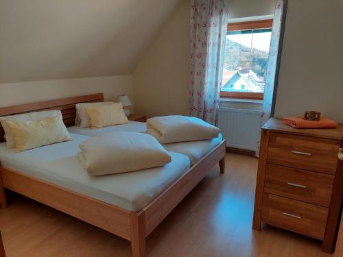 韦因地区拉奇Anna's Home - Ferienwohnungen的一间卧室设有两张单人床和一个窗户。