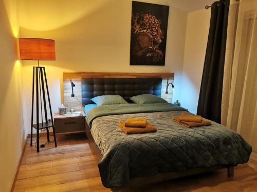 尚尼耶Angoulême Nord location Chambre indépendante的一间卧室配有一张带两个橙色枕头的床