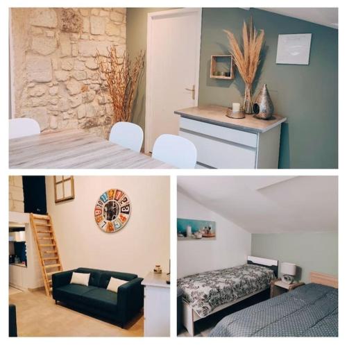 索米尔Maison chaleureuse située à Saumur的一张床位和一张桌子的房间的三张照片