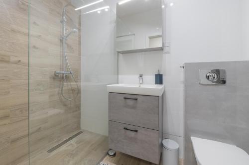 格但斯克Apartament Kapitalny的白色的浴室设有水槽和淋浴。
