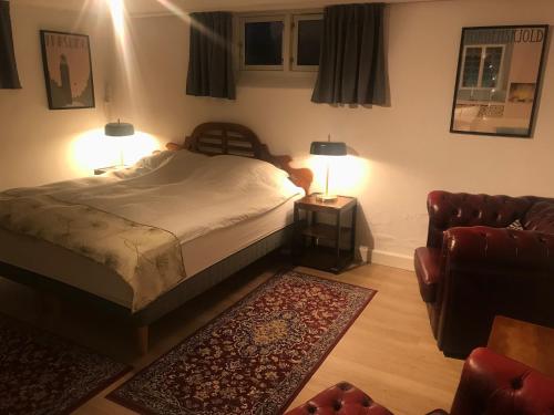 哥本哈根Comfortable Large Room King S bed near CPH centre的一间卧室配有一张带两盏灯的床和一张沙发。
