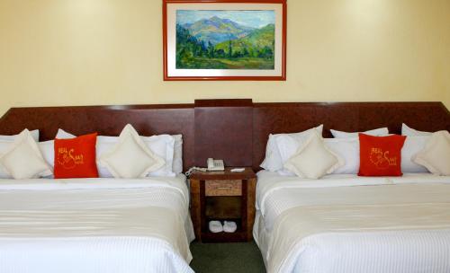 墨西哥城Hotel Real del Sur的酒店客房带两张带红白色枕头的床