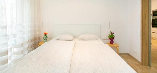 塞格德Mentha Apartman Szeged的白色客房的一张床位,上面有两个枕头