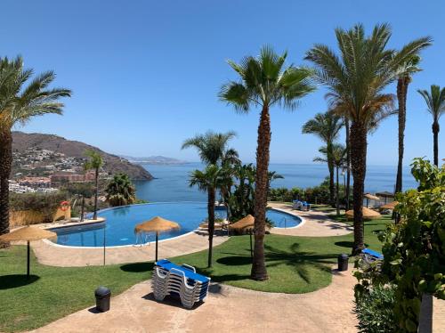 阿尔姆尼卡Adosado con piscina a 5 minutos de la playa的享有棕榈树和游泳池的度假村景色。