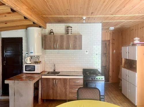 波特雷里约斯Casa Azul的厨房配有木制橱柜和炉灶。