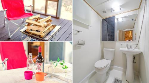 抱川市Club Lespia in Pocheon Baegun Valley的浴室配有卫生间、水槽和红色椅子
