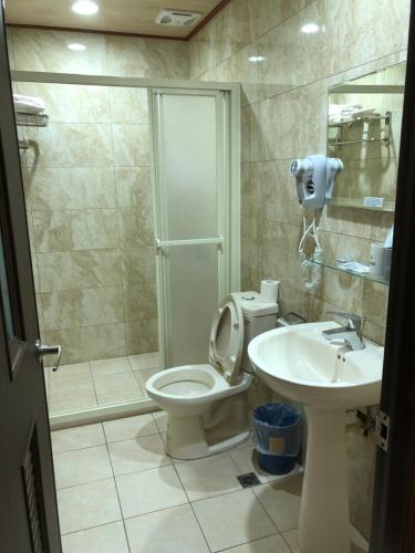 北竿乐活海景民宿的带淋浴、卫生间和盥洗盆的浴室
