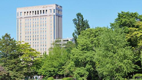 札幌莱福特札幌酒店的树前高大的建筑
