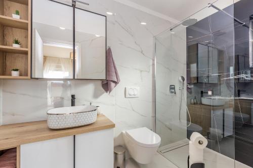 皮内兹齐Holiday house VILLA ANDRO的一间带卫生间和玻璃淋浴间的浴室