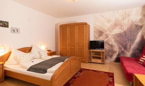 马尔尼茨莱纳兰德豪斯宾馆的一间卧室配有一张床、一台电视和一张沙发