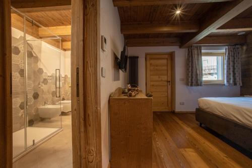 阿亚斯Fleur des neiges & Spa - Adults only的一间卧室配有一张床,浴室设有淋浴。