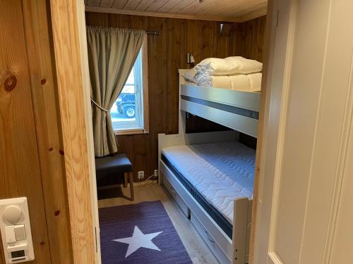 弗罗达尔Vrådal Golf Park的小房间设有两张双层床和窗户