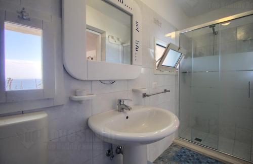 加利亚诺德尔卡波Dimora degli Artisti - Ciolo private sea access的白色的浴室设有水槽和淋浴。