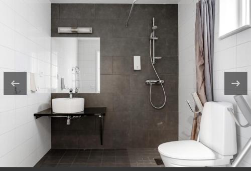 SkummeslövsstrandStrandpensionatet的浴室配有卫生间、盥洗盆和淋浴。