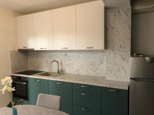 特里班Apartman Mia Ana的厨房配有绿色橱柜和水槽