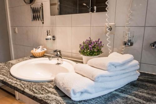阿伦策湖畔体育休闲酒店的一间带水槽和台面毛巾的浴室