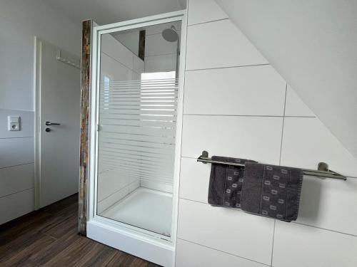 纽哈灵吉塞尔Pension Blaue Nordseewelle的浴室设有玻璃淋浴间和毛巾架