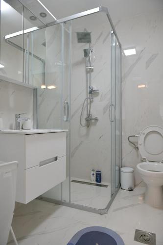 ProkupljeApartmani TEO的一间带玻璃淋浴和卫生间的浴室