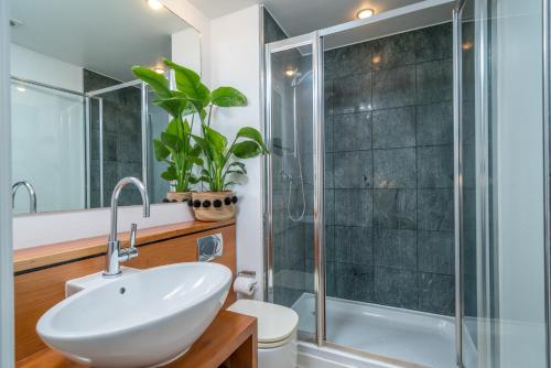 伦敦2 bedroom apartment with park views Shoreditch的一间带水槽和淋浴的浴室