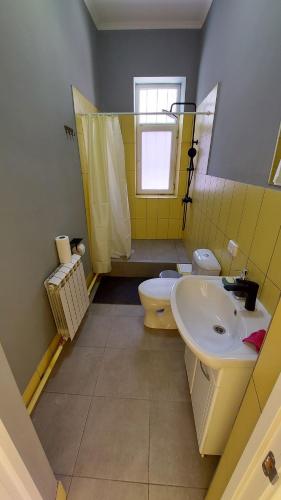 阿拉木图Check Inn Hostel的一间带水槽和卫生间的小浴室