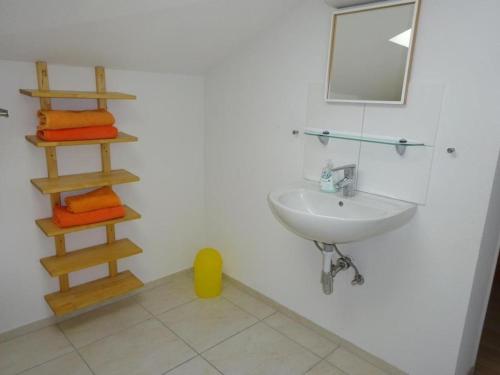 BischofszellRehalp Westen的浴室设有水槽和带毛巾的架子。