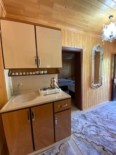 乌宗Yüce Suite的厨房配有水槽和镜子