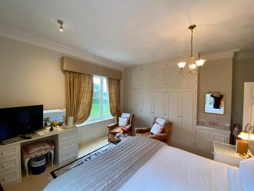 切斯特Golborne Manor Bed and Breakfast的一间卧室配有一张床、一张书桌和一台电视。