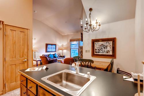 基斯通Jackpine & Black Bear Condominiums by Keystone Resort的一个带水槽的厨房和一间客厅
