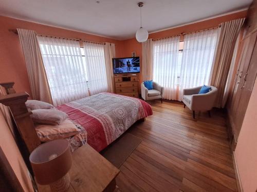 拉巴斯Bonito departamento Sopocachi centro的一间卧室配有一张床、一把椅子和电视