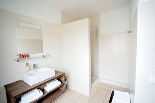 WallseeWallseerhof的白色的浴室设有水槽和淋浴。