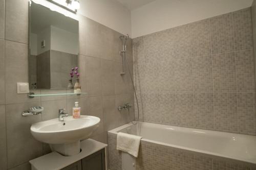 蒂米什瓦拉Carpe Diem Travel的浴室配有盥洗盆、浴缸和盥洗盆