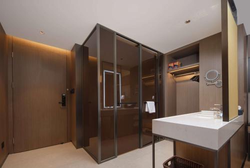 重庆重庆戴斯温德姆酒店的一间带水槽和淋浴的浴室