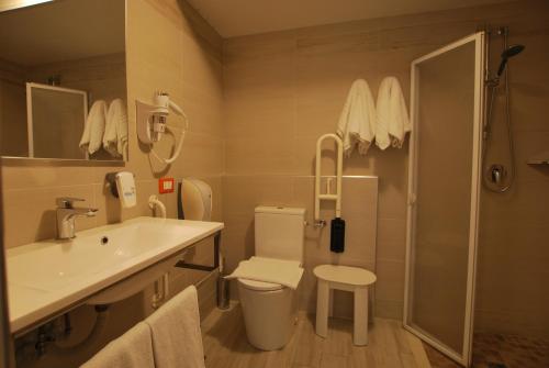 莱诺Hotel Lenotel的一间带水槽、卫生间和淋浴的浴室