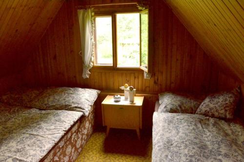DoubiceChata Doubice的木间设有两张床,设有窗户