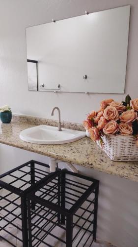 乌巴图巴Tartaruga Marinha Guest House的浴室柜台配有水槽和一篮玫瑰