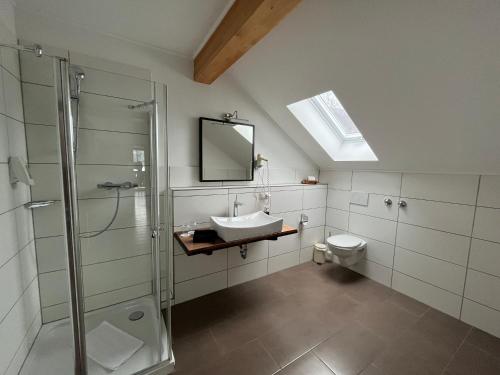 施奈茨尔罗伊特乌尔茨维尔特宾馆的一间带水槽、淋浴和卫生间的浴室