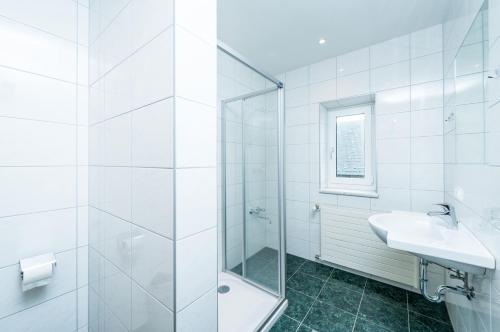 GrafenschlagGasthaus Bauer的带淋浴和盥洗盆的白色浴室
