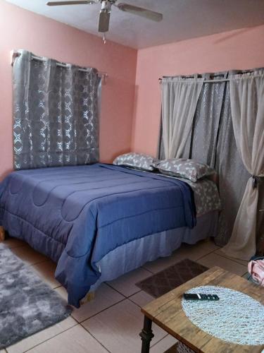 Sandy Point TownMountain and Sea view Stay的一间卧室配有一张蓝色的床和一张桌子